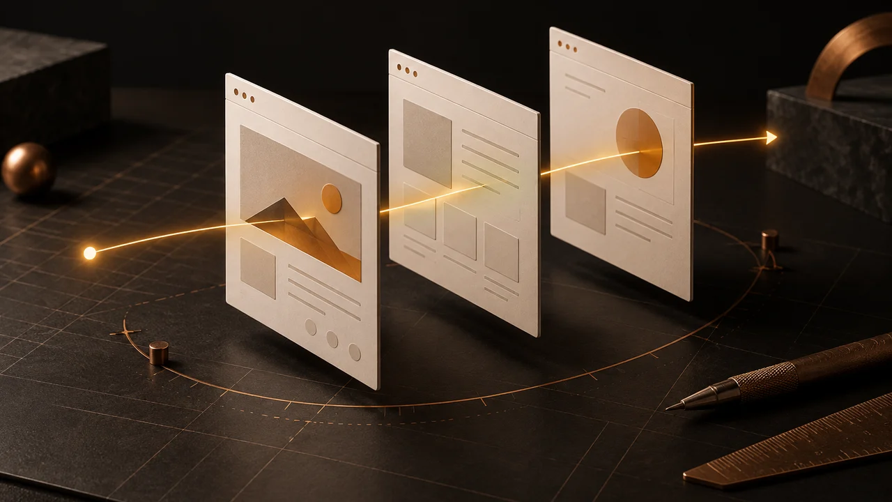 Pages web en papier traversées par un parcours lumineux et direct